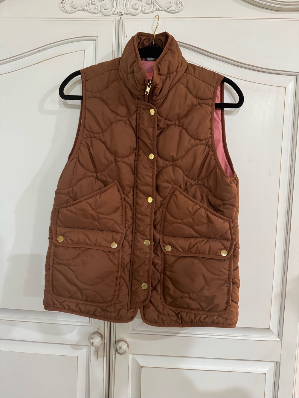 J. Crew Quilted Pecan Puffer Vest with Pink Lining Medium